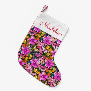Tropical leaves and flowers   Add Your Name Small Christmas Stocking