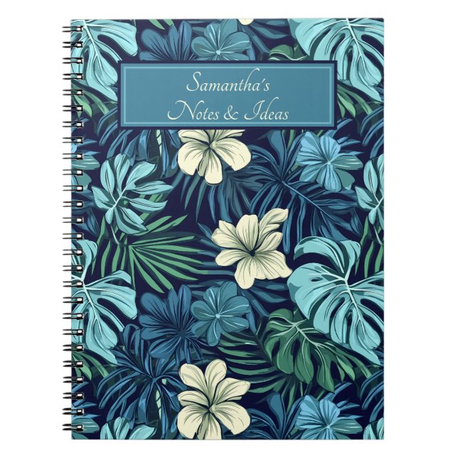 Tropical Leaves and Flowers Blue & White  Notebook (Front)