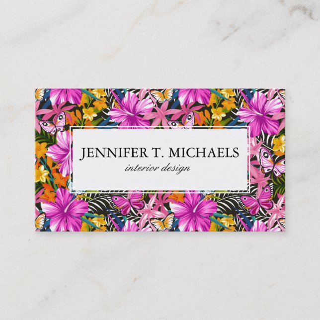 Tropical leaves and flowers business card (Front)