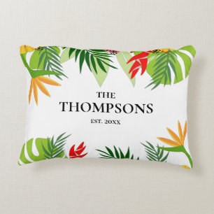 Tropical Leaves and Flowers Custom Last Name Accent Pillow