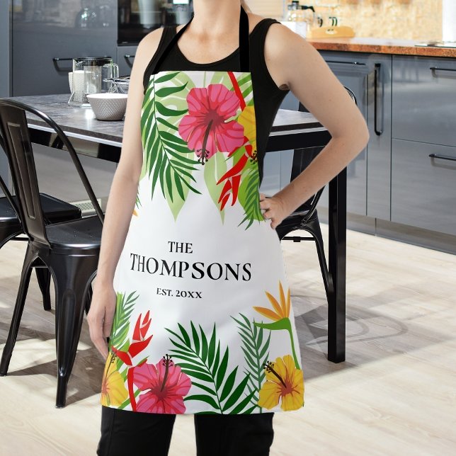 Tropical Leaves and Flowers Custom Last Name Apron (Creator Uploaded)