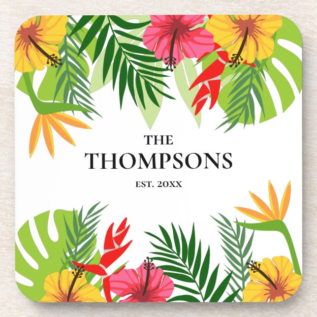 Tropical Leaves and Flowers Custom Last Name Coaster (Front)