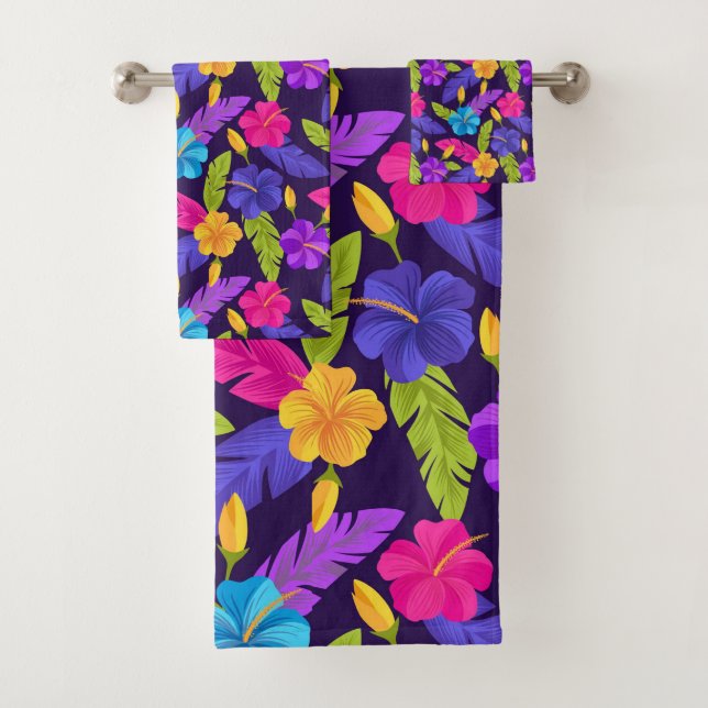 Tropical Leaves and Flowers Pattern-23857 Bath Towel Set (Insitu)