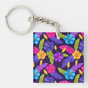 Tropical Leaves and Flowers Pattern-23857 Keychain
