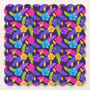 Tropical Leaves and Flowers Pattern-23857 Paper Coaster