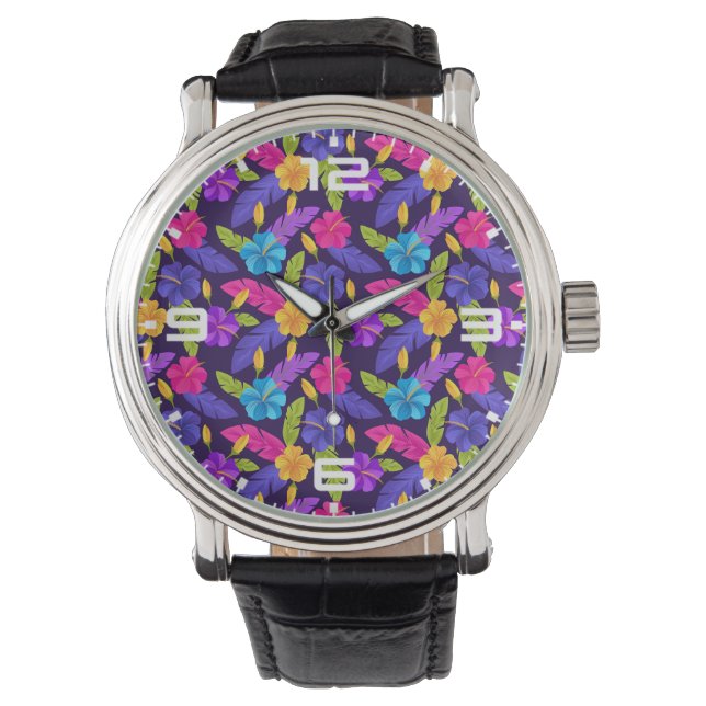 Tropical Leaves and Flowers Pattern-23857 Watch (Front)