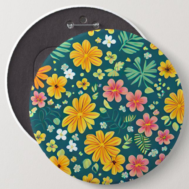 Tropical leaves and flowers pattern  6 inch round button (Front & Back)