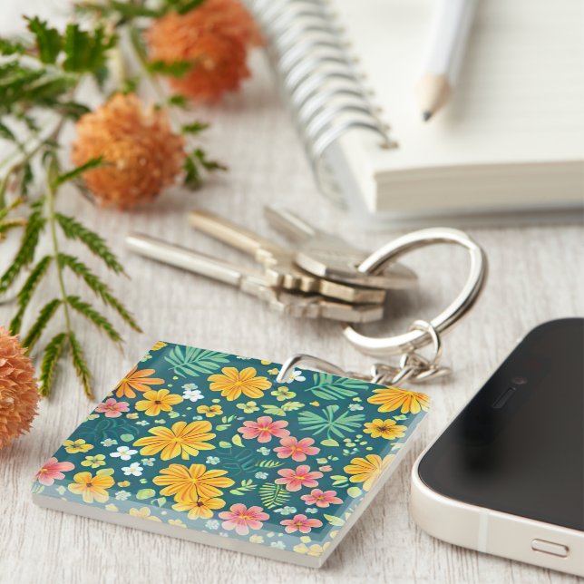 Tropical leaves and flowers pattern  keychain (Front Right)