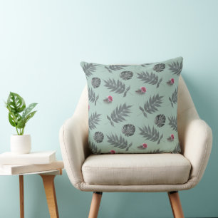 Tropical Leaves and Flowers Pattern Throw Pillow