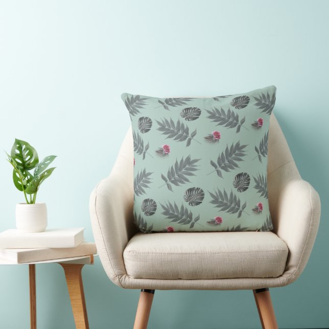 Tropical Leaves and Flowers Pattern Throw Pillow (Chair)