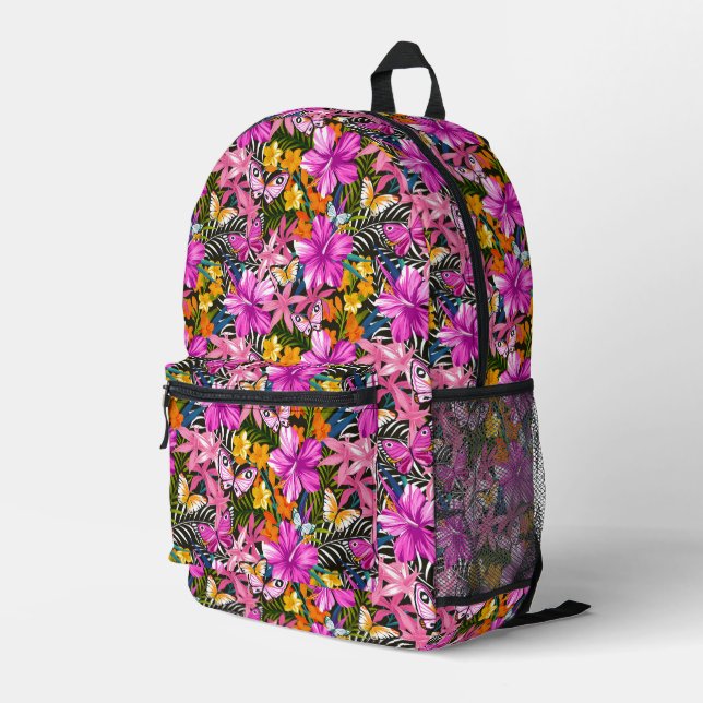 Tropical Leaves and Flowers Printed Backpack (Back Corner Right)