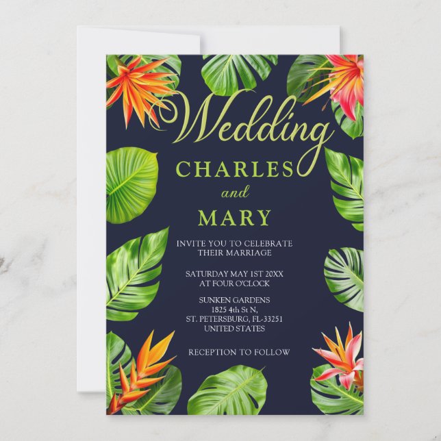 Tropical Leaves and Flowers  Retro Wedding Invitation (Front)