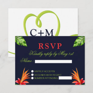 Tropical Leaves and Flowers Retro Wedding RSVP Card