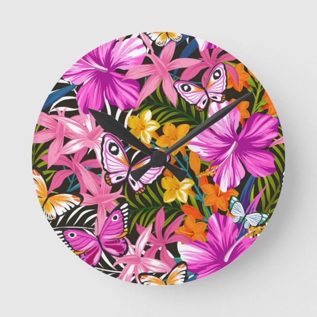 Tropical leaves and flowers round clock (Front)
