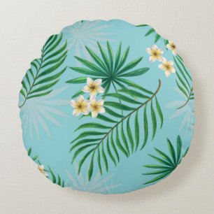 Tropical leaves and flowers round pillow