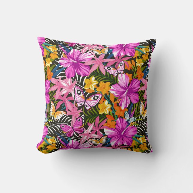 Tropical leaves and flowers throw pillow (Front)