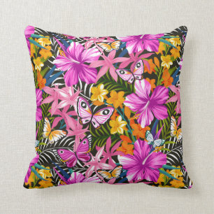 Tropical leaves and flowers throw pillow