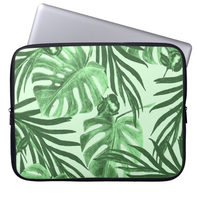 Tropical leaves and flowers, watercolor pattern. laptop sleeve (Front)