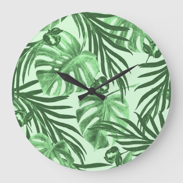 Tropical leaves and flowers, watercolor pattern. large clock (Front)