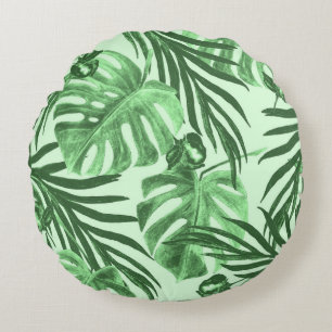 Tropical leaves and flowers, watercolor pattern. round pillow