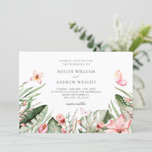 Tropical leaves and flowers wedding invitation