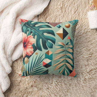 Tropical Leaves and Geometric Pattern Throw Pillow
