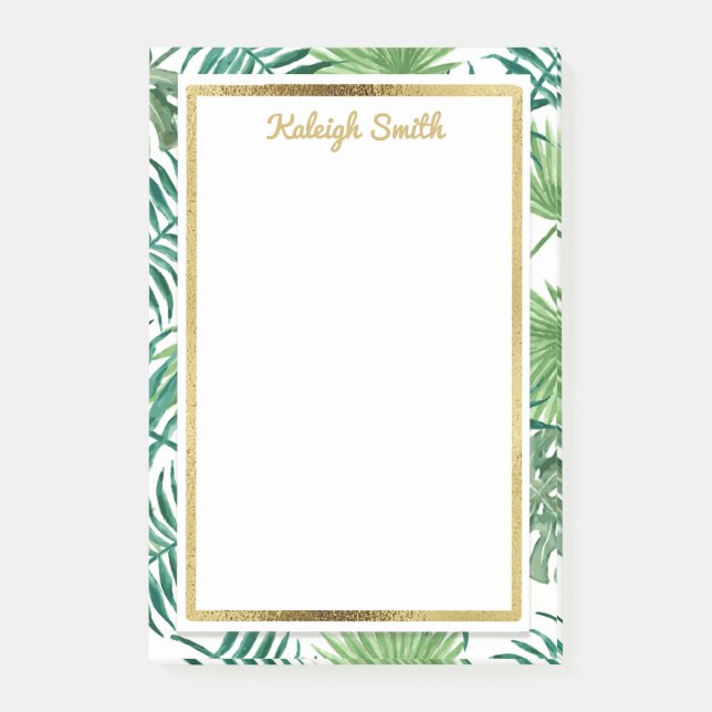 Tropical Leaves and Gold Personalized Post It Post-it Notes (Front)