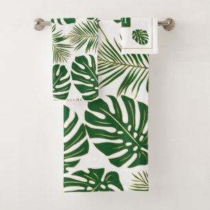 Tropical leaves and monogram green, gold bath towel set