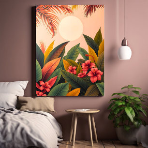 Tropical Leaves and Moon Pastel Canvas Print