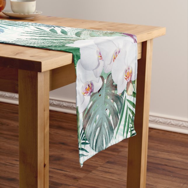 Tropical leaves and orchid flowers design short table runner (In Situ)