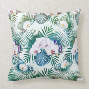 Tropical leaves and orchid flowers design throw pillow