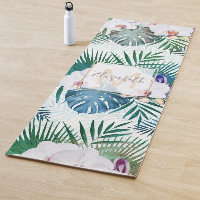 Tropical leaves and orchid flowers design yoga mat (In Situ)