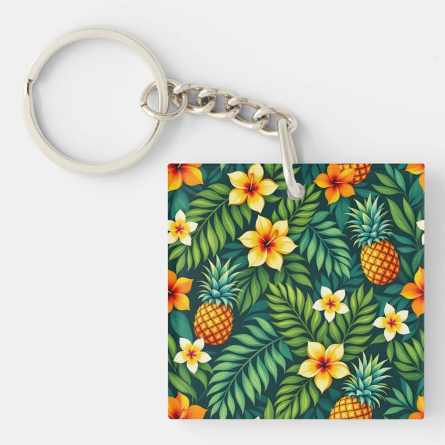 Tropical leaves and pineapple pattern keychain (Front)