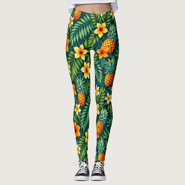 Tropical leaves and pineapple pattern leggings (Front)