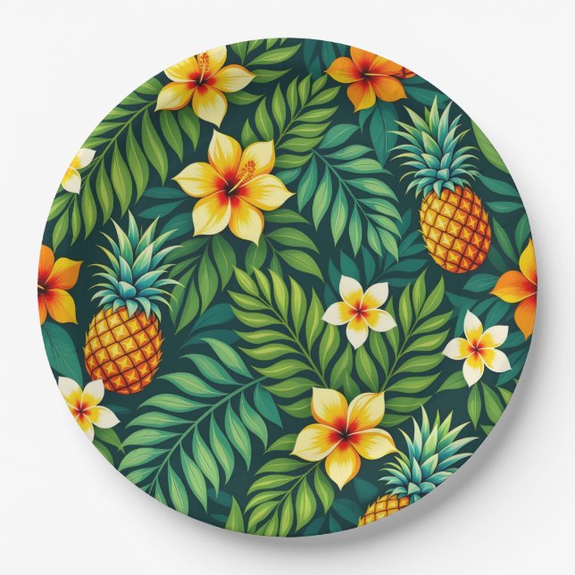 Tropical leaves and pineapple pattern paper plate (Front)