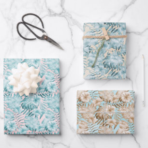 Tropical Leaves Aqua Pink   Wrapping Paper Sheet