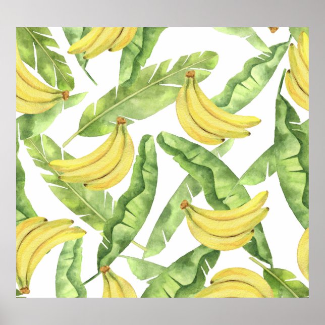 Tropical leaves, bananas, watercolor pattern. poster (Front)