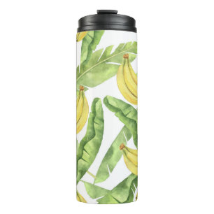 Tropical leaves, bananas, watercolor pattern. thermal tumbler