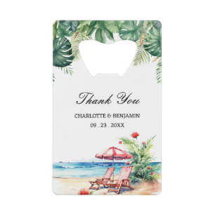 Tropical Leaves Beach Scene Wedding Favour Credit Card Bottle Opener