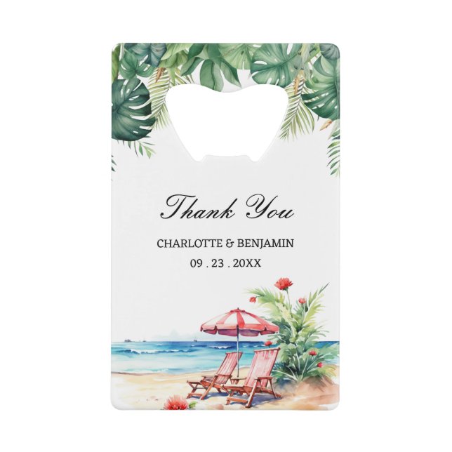 Tropical Leaves Beach Scene Wedding Favour Credit Card Bottle Opener (Front)