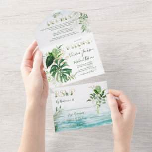 Tropical Leaves Beach Wedding All In One Invitation