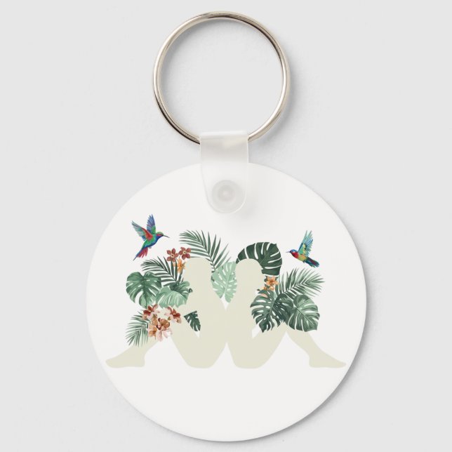 Tropical Leaves & Birds Nature Aesthetic Design Keychain (Front)