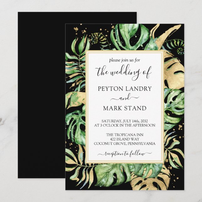 Tropical Leaves Black & Gold Frame Modern Wedding  Invitation (Front/Back)
