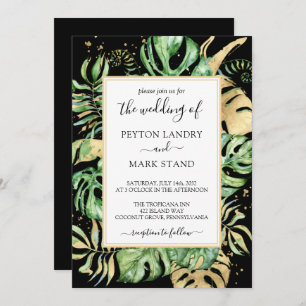 Tropical Leaves Black & Gold Frame Modern Wedding  Invitation