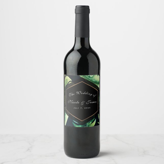 Tropical Leaves Black Green Gold Custom Wine Wine Label (Front)