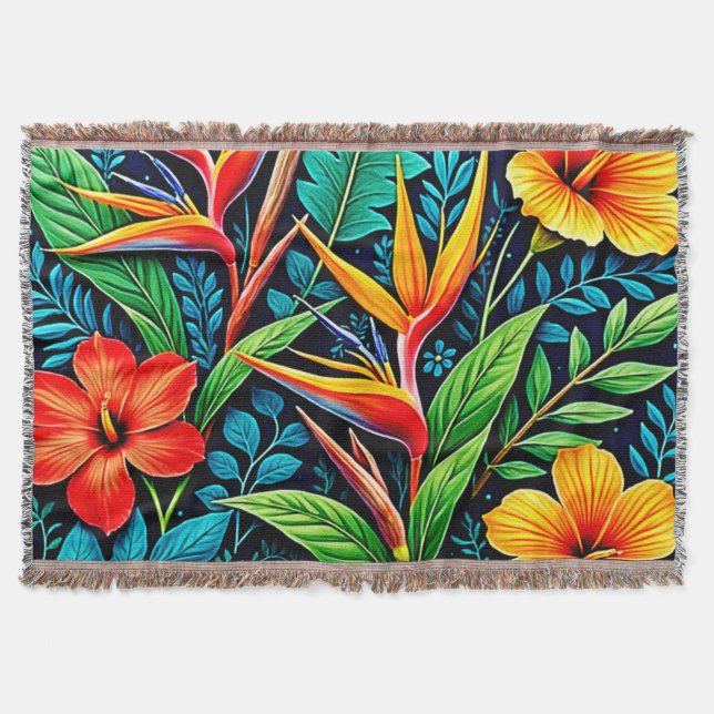 Tropical Leaves Bloom Art Throw Blanket (Front)