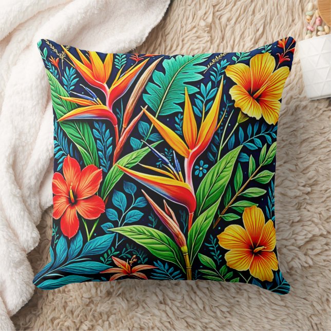 Tropical Leaves Bloom Art Throw Pillow (Blanket)