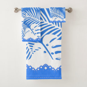 Tropical Leaves Blue backed in White Fancy Trim Bath Towel Set