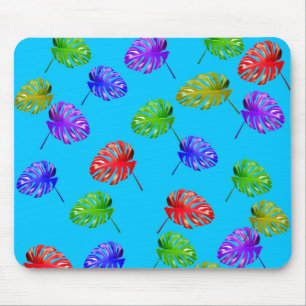 Tropical Leaves Blue Background Mousepad
