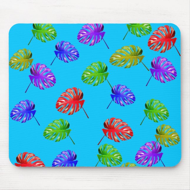 Tropical Leaves Blue Background Mousepad (Front)